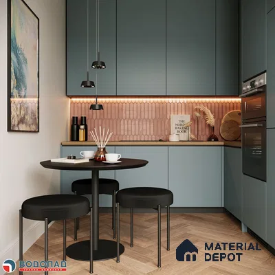 Scandinavian kitchen with matte blue laminate cabinets, blush pink kitkat backsplash tile, and herringbone wood flooring in Bengaluru | Material Depot