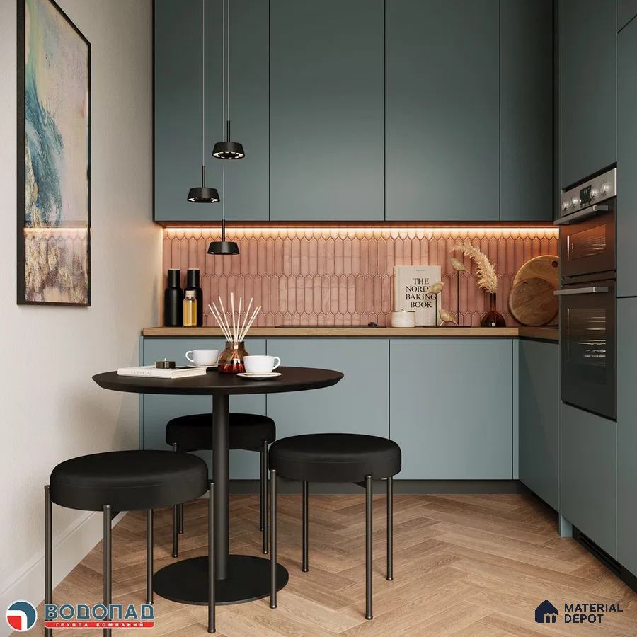 Scandinavian kitchen with matte blue laminate cabinets, blush pink kitkat backsplash tile, and herringbone wood flooring in Bengaluru | Material Depot