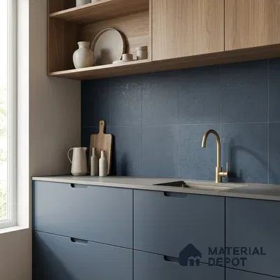Scandinavian kitchen with matte blue laminate cabinets, oak wood open shelving, and blue ceramic backsplash tiles