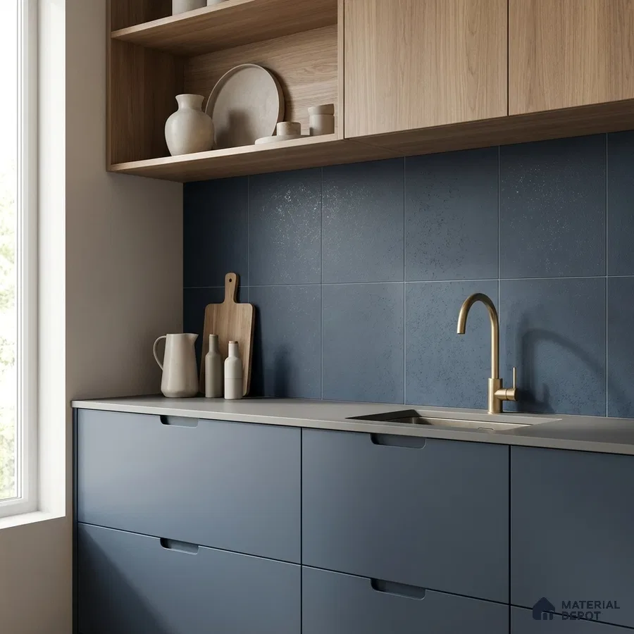 Scandinavian kitchen with matte blue laminate cabinets, oak wood open shelving, and blue ceramic backsplash tiles