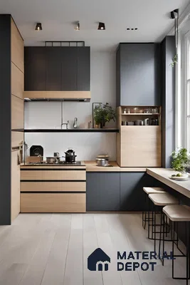 Scandinavian kitchen with matte charcoal and light oak laminate, minimalist design, and pale wood flooring in Bengaluru | Material Depot