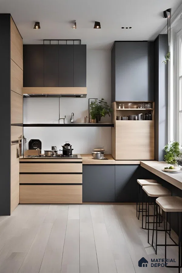 Scandinavian kitchen with matte charcoal and light oak laminate, minimalist design, and pale wood flooring in Bengaluru | Material Depot