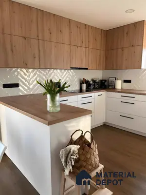 Scandinavian Kitchen With Oak Wood Cabinets And Subway Tile Backsplash | Material Depot