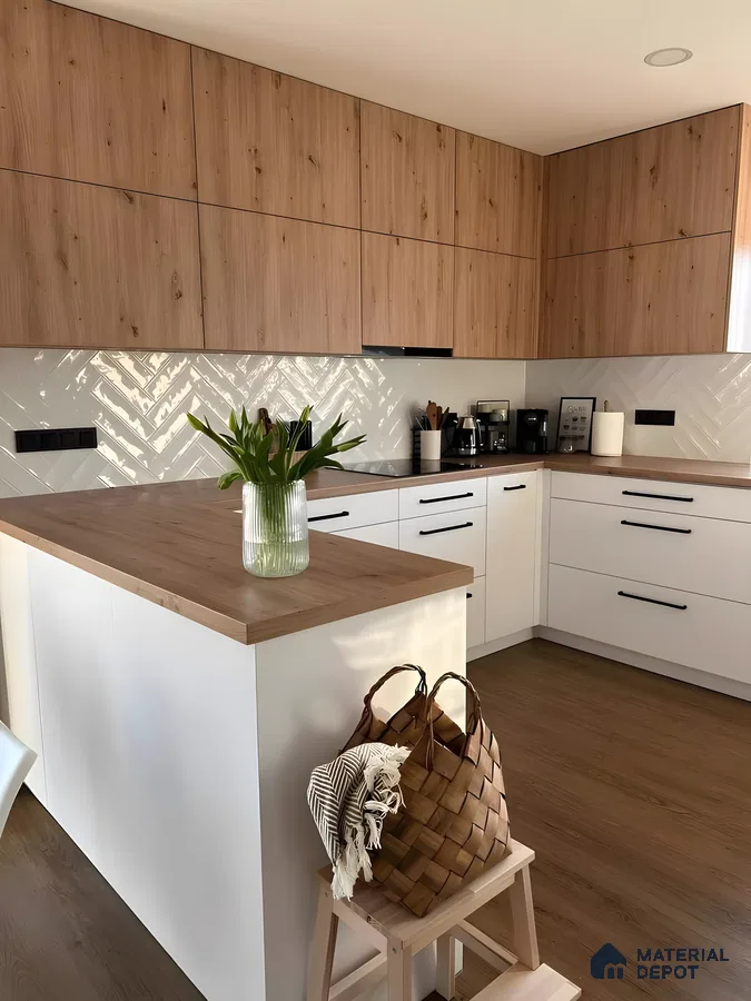 Scandinavian Kitchen With Oak Wood Cabinets And Subway Tile Backsplash | Material Depot
