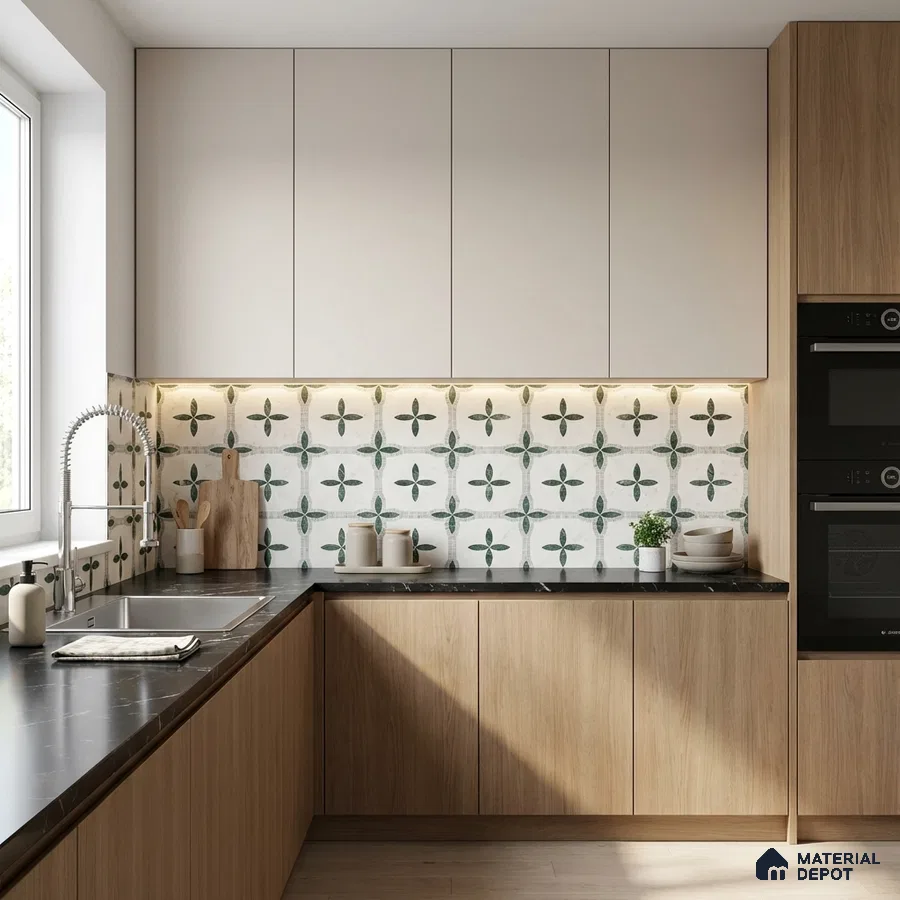 Scandinavian kitchen with oak wood laminate, black marble countertop, and green floral patterned backsplash tile