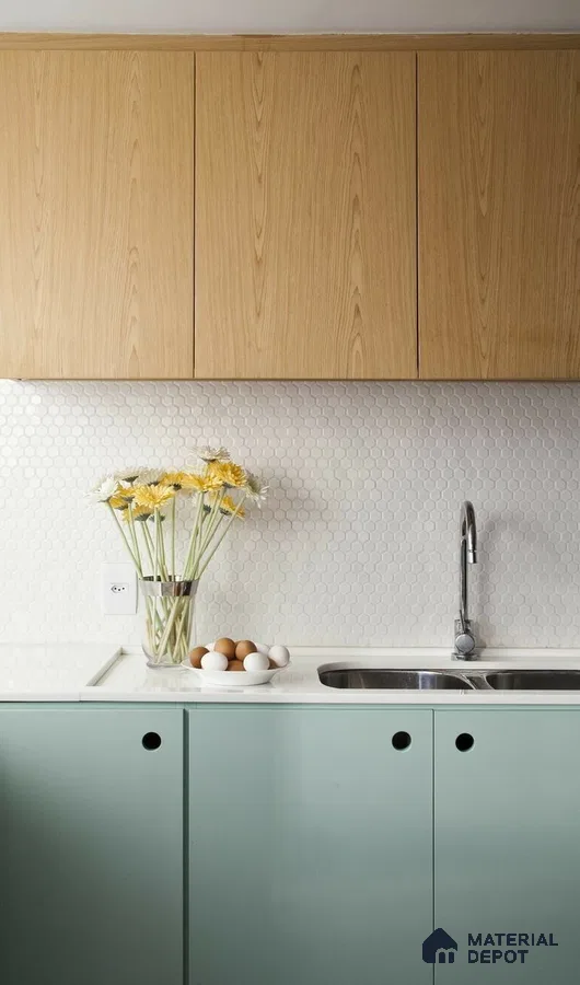 Scandinavian kitchen with oak wood laminate cabinets, pastel green laminate base, and white hexagonal tile backsplash in Bengaluru | Material Depot