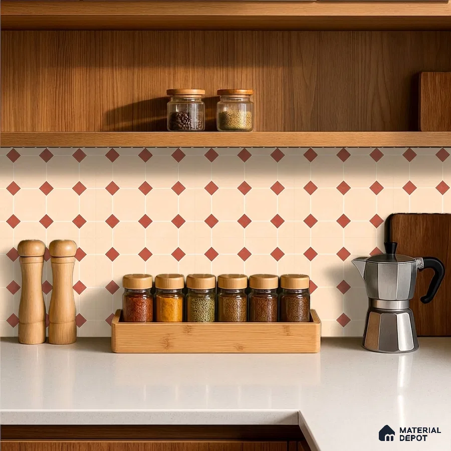 Scandinavian kitchen with oak wood laminate cabinets, white quartz countertop, and geometric patterned backsplash tiles