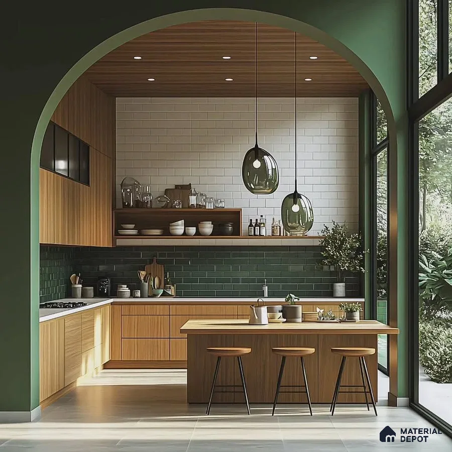 Scandinavian kitchen with oak wood laminate, green subway tile backsplash, and white quartz countertop in Bengaluru | Material Depot