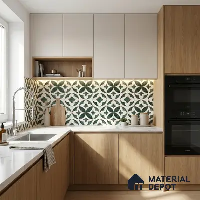 Scandinavian kitchen with oak wood laminate, white marble countertop, and green patterned moroccan backsplash tile