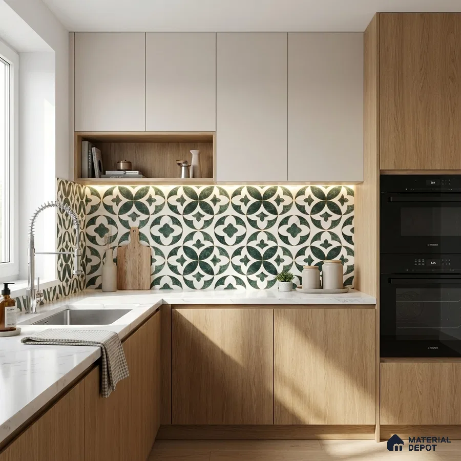 Scandinavian kitchen with oak wood laminate, white marble countertop, and green patterned moroccan backsplash tile