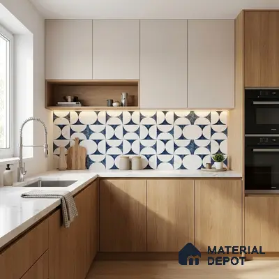 Scandinavian kitchen with oak wood laminate, white quartz countertop, and blue geometric backsplash tiles