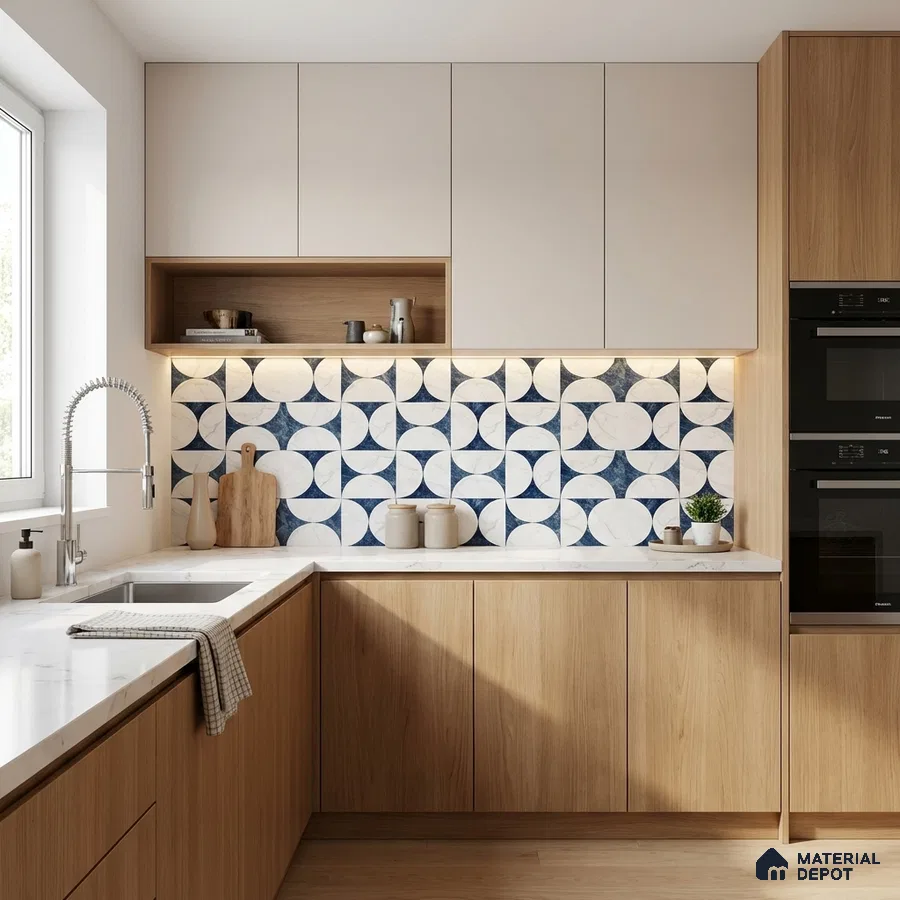 Scandinavian kitchen with oak wood laminate, white quartz countertop, and blue geometric backsplash tiles