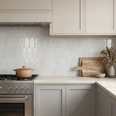 Scandinavian kitchen with off-white scallop subway backsplash tile and matte beige laminate cabinets