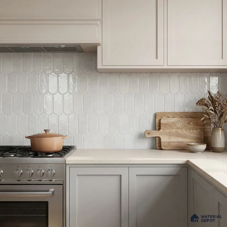 Scandinavian kitchen with off-white scallop subway backsplash tile and matte beige laminate cabinets
