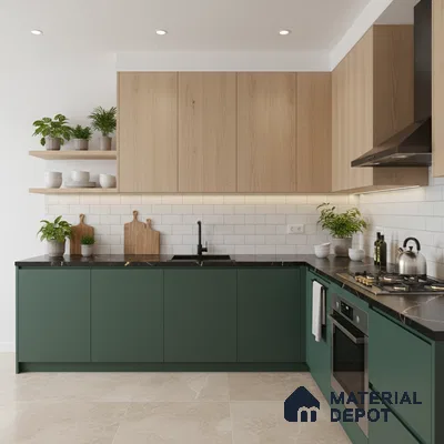 Scandinavian kitchen with olive green laminate, light oak laminate, and subway tile backsplash in Bengaluru