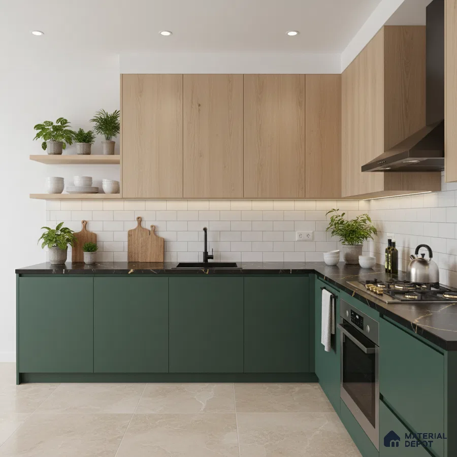 Scandinavian kitchen with olive green laminate, light oak laminate, and subway tile backsplash in Bengaluru