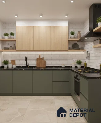 Scandinavian kitchen with olive green laminate, light oak laminate, and white subway tile backsplash in Bengaluru