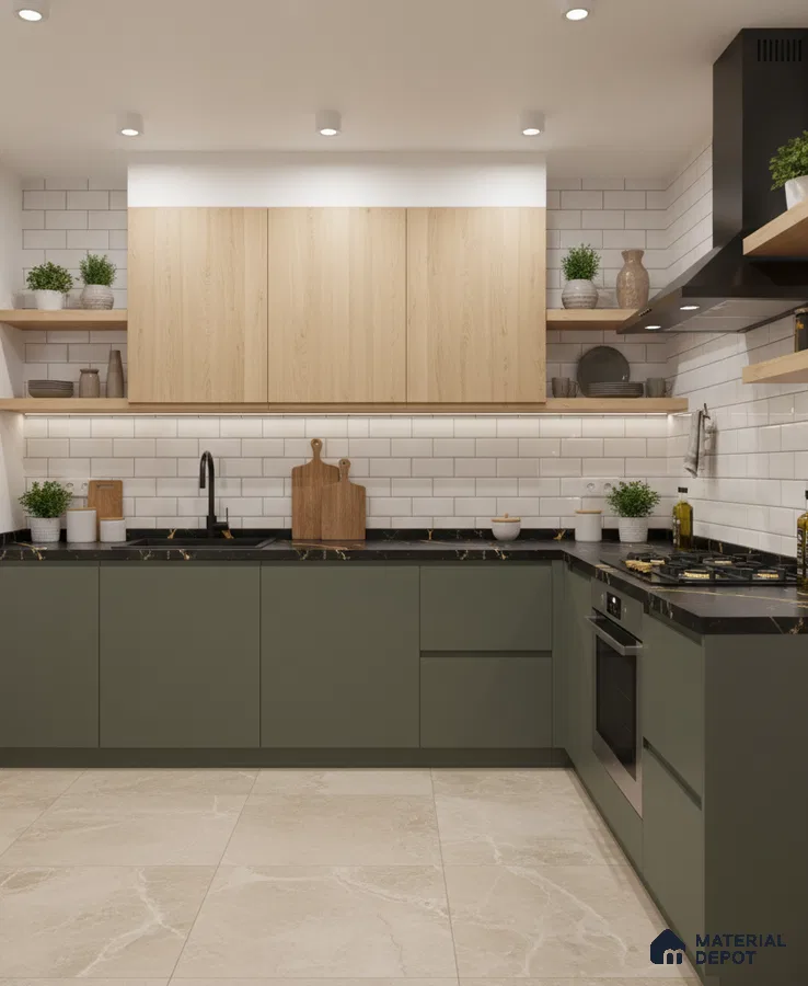 Scandinavian kitchen with olive green laminate, light oak laminate, and white subway tile backsplash in Bengaluru