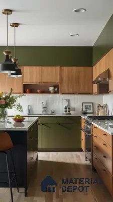Scandinavian kitchen with olive green laminate, natural oak laminate, and white quartz countertop in Bengaluru | Material Depot