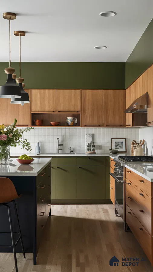 Scandinavian kitchen with olive green laminate, natural oak laminate, and white quartz countertop in Bengaluru | Material Depot