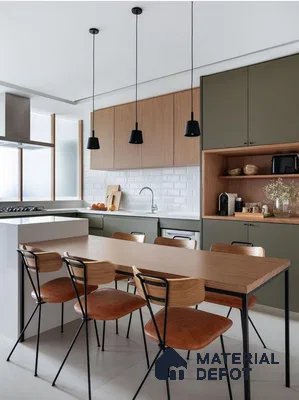 Scandinavian kitchen with olive green laminate, natural wood laminate, and white subway tile backsplash in Bengaluru | Material Depot
