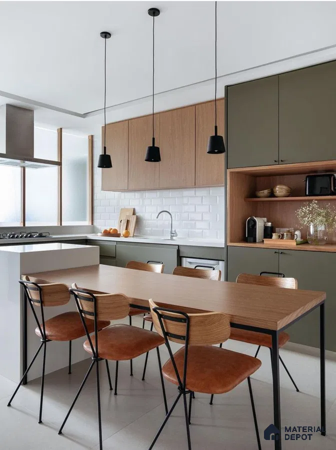 Scandinavian kitchen with olive green laminate, natural wood laminate, and white subway tile backsplash in Bengaluru | Material Depot