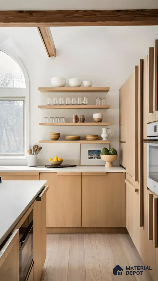Scandinavian Kitchen with Open Shelving and Natural Tones | Material Depot