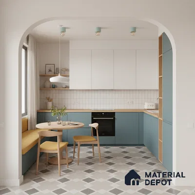 Scandinavian kitchen with pastel blue and white laminate, wood countertop, and geometric patterned floor tile in Bengaluru