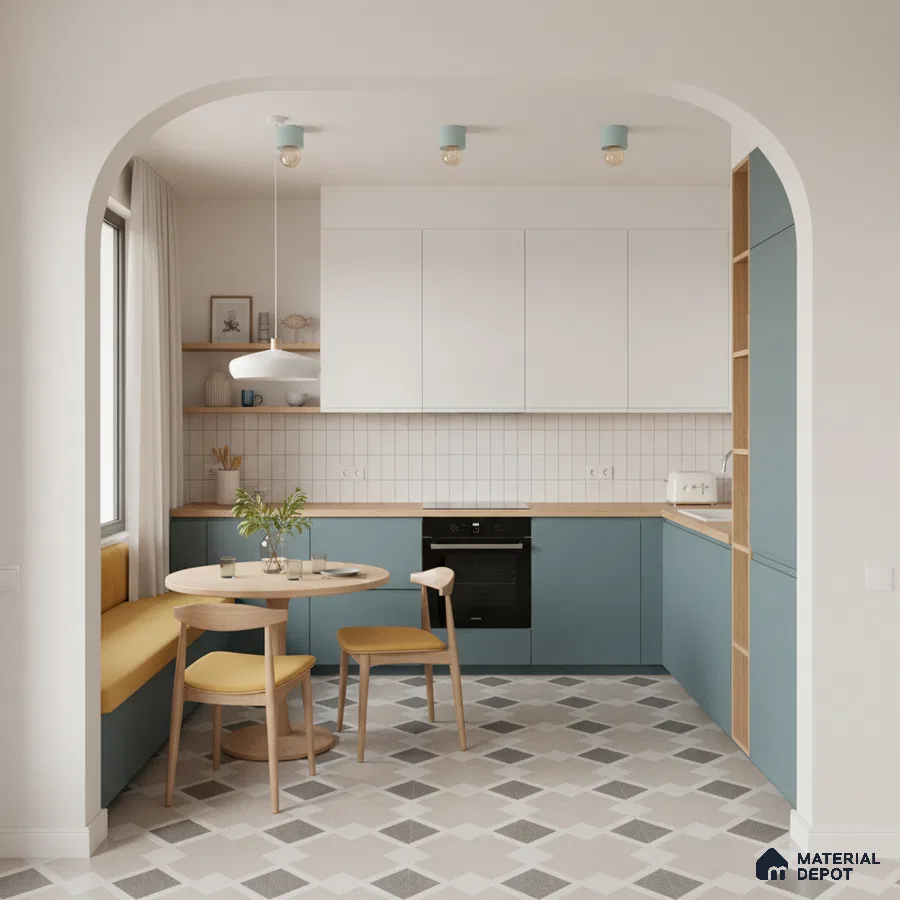 Scandinavian kitchen with pastel blue and white laminate, wood countertop, and geometric patterned floor tile in Bengaluru