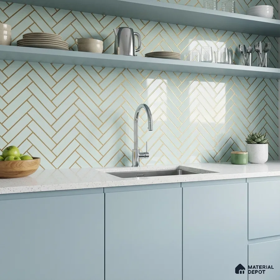 Scandinavian kitchen with pastel blue laminate cabinets and herringbone subway tile backsplash