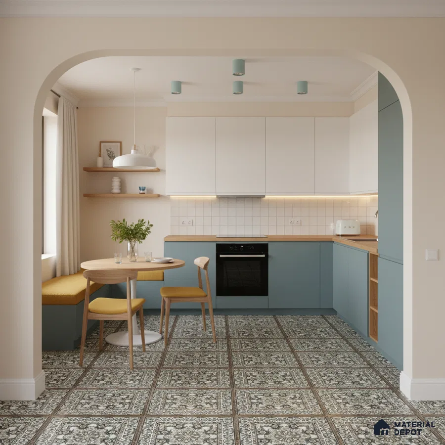 Scandinavian kitchen with pastel blue laminate cabinets, oak countertop, and patterned moroccan floor tiles in Bengaluru