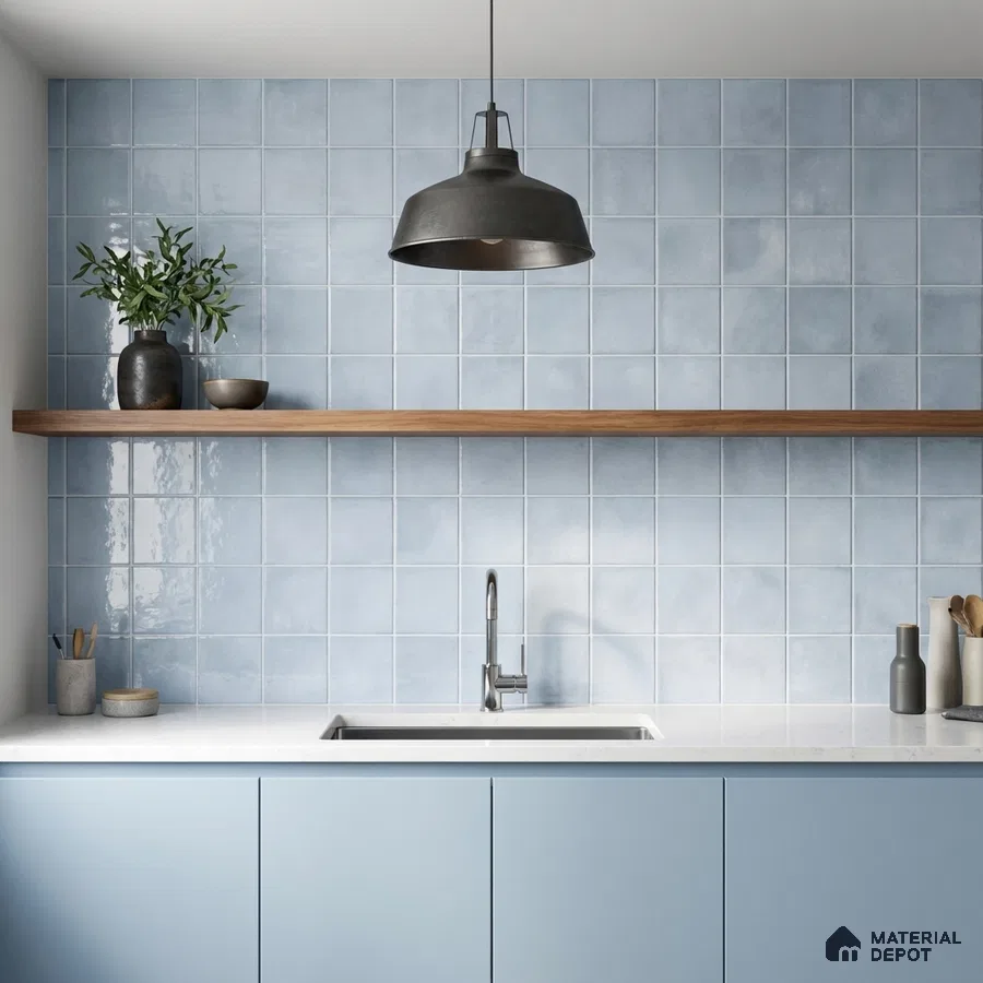 Scandinavian kitchen with pastel blue laminate cabinets, white quartz countertop, and glossy blue square wall tiles
