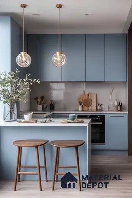 Scandinavian kitchen with pastel blue laminate cabinets, white quartz countertop, and light wood accents in Bengaluru | Material Depot