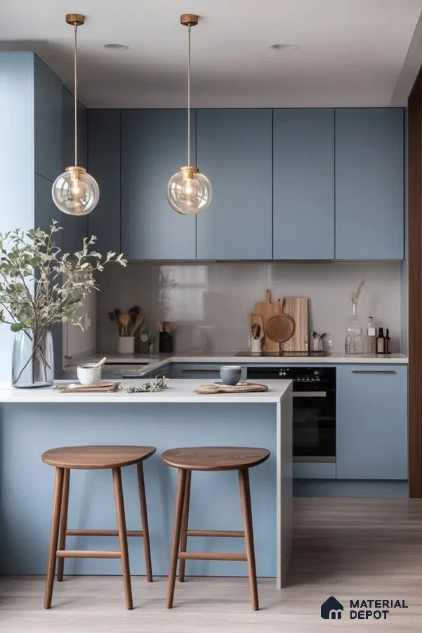 Scandinavian kitchen with pastel blue laminate cabinets, white quartz countertop, and light wood accents in Bengaluru | Material Depot