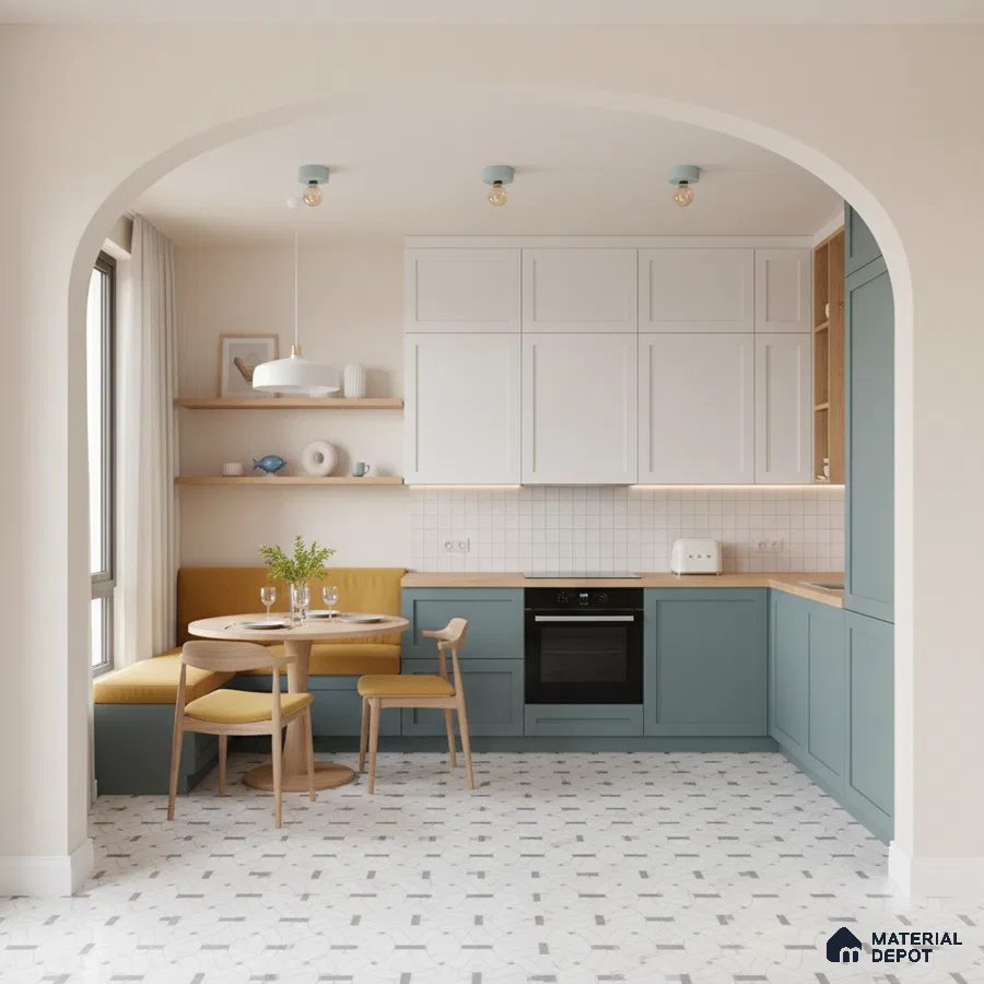 Scandinavian kitchen with pastel blue laminate cabinets, white solid laminate, and geometric patterned floor tiles in Bengaluru
