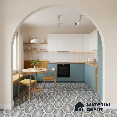 Scandinavian kitchen with pastel blue laminate cabinets, white square backsplash tile, and patterned floor tile in Bengaluru