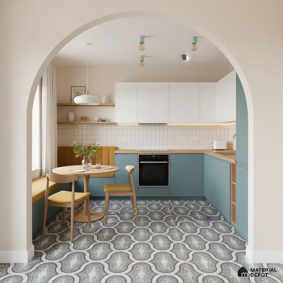 Scandinavian kitchen with pastel blue laminate cabinets, white square backsplash tile, and patterned floor tile in Bengaluru