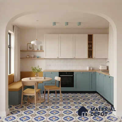 Scandinavian kitchen with pastel blue laminate cabinets, white subway backsplash tile, and blue patterned moroccan floor tiles in Bengaluru