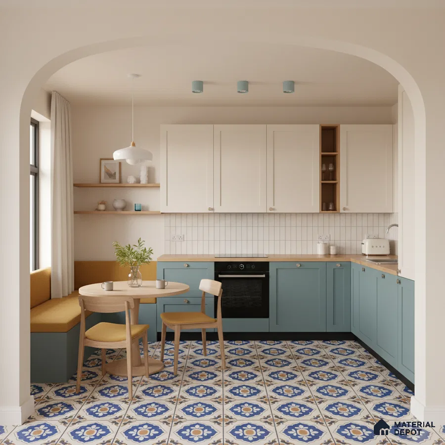 Scandinavian kitchen with pastel blue laminate cabinets, white subway backsplash tile, and blue patterned moroccan floor tiles in Bengaluru