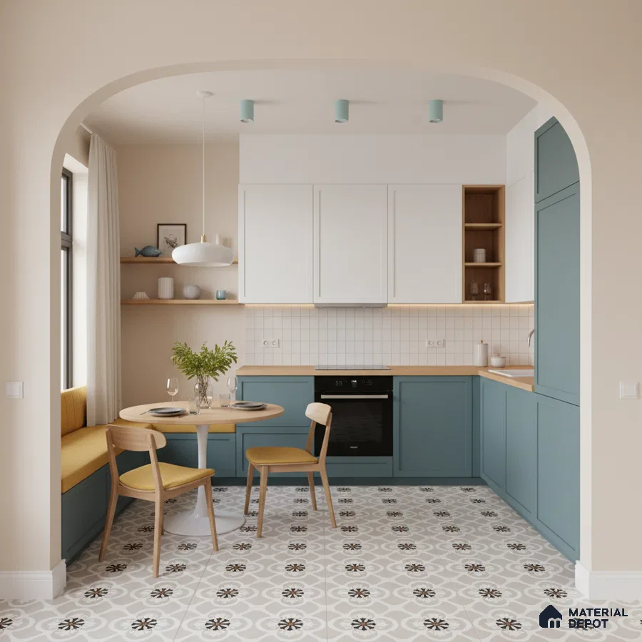 Scandinavian kitchen with pastel blue laminate cabinets, white subway backsplash tile, and patterned floor tiles in Bengaluru
