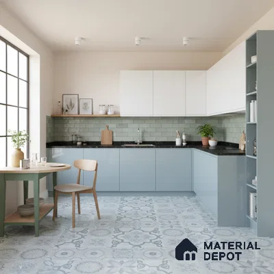Scandinavian kitchen with pastel blue laminate, sage green subway tile backsplash, and patterned floor tiles in Bengaluru