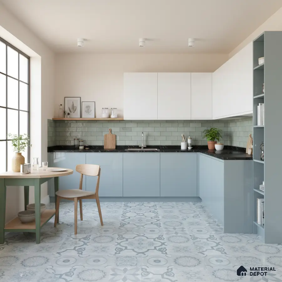 Scandinavian kitchen with pastel blue laminate, sage green subway tile backsplash, and patterned floor tiles in Bengaluru