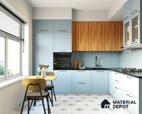 Scandinavian kitchen with pastel blue laminate, vertical wood grain laminate, and floral patterned floor tiles in Bengaluru | Material Depot