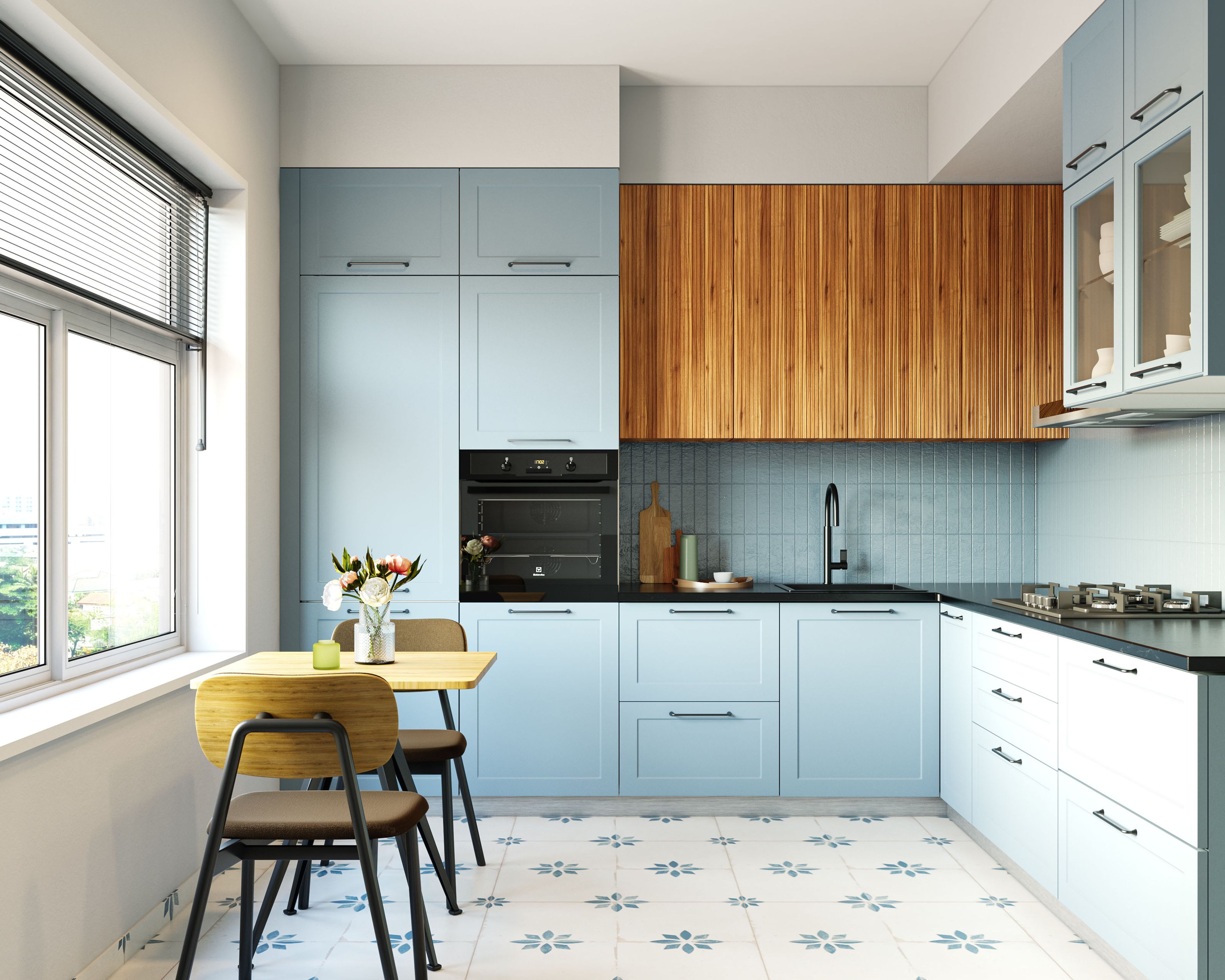 Scandinavian kitchen with pastel blue laminate, vertical wood grain laminate, and floral patterned floor tiles in Bengaluru | Material Depot