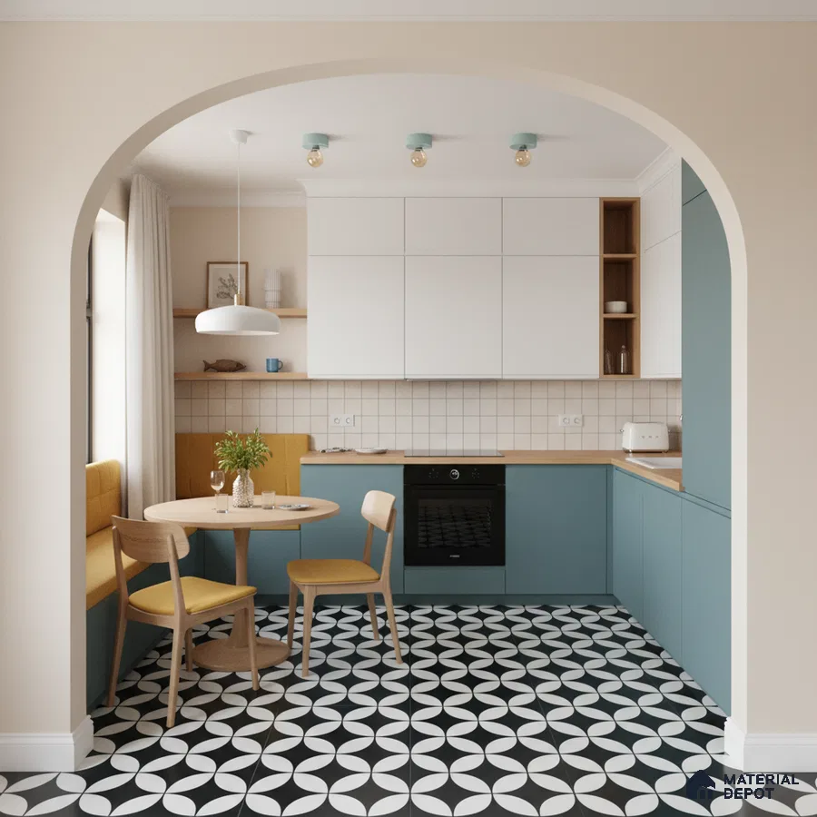 Scandinavian kitchen with pastel blue laminate, white laminate, and black-and-white geometric floor tiles in Bengaluru
