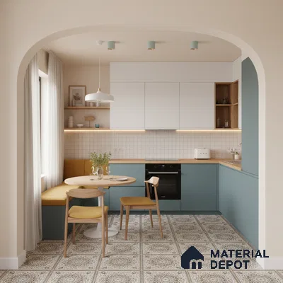 Scandinavian kitchen with pastel blue laminate, white solid laminate, and patterned floor tiles in Bengaluru