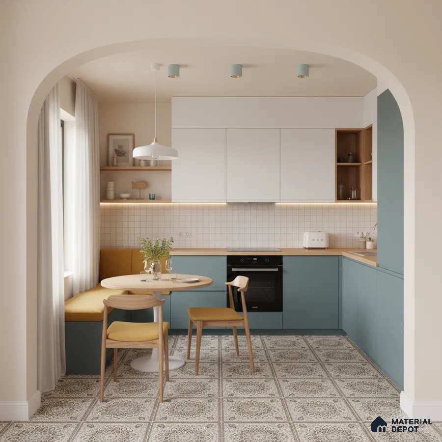 Scandinavian kitchen with pastel blue laminate, white solid laminate, and patterned floor tiles in Bengaluru