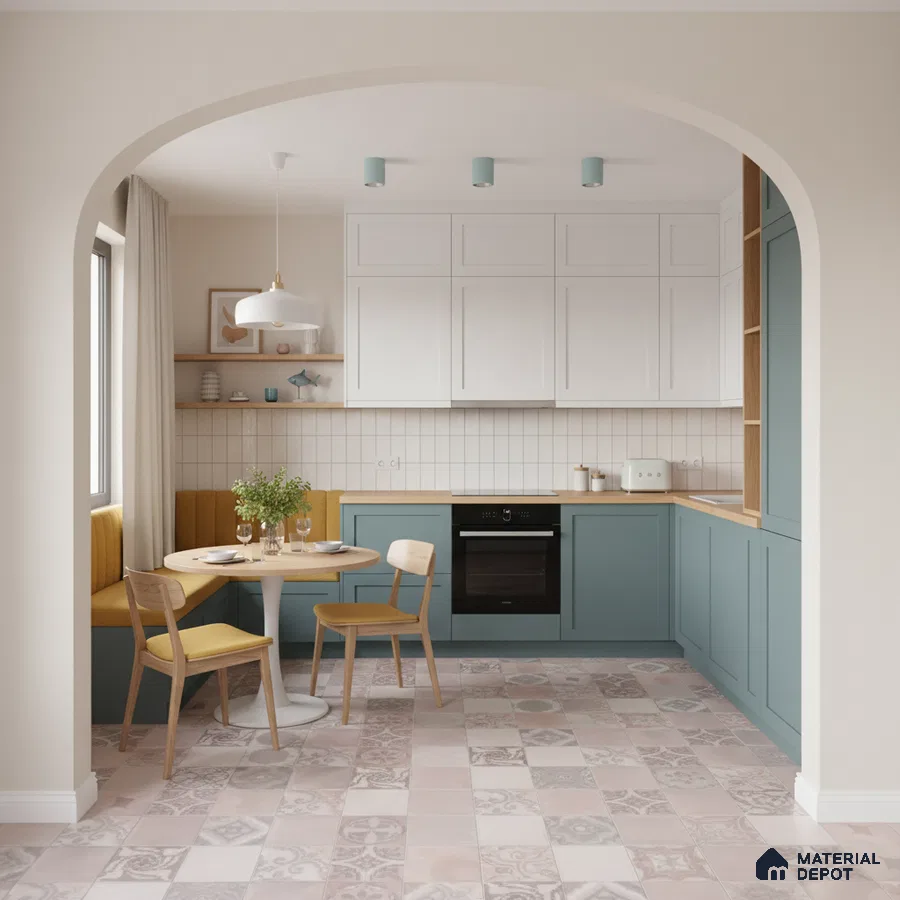 Scandinavian kitchen with pastel blue laminate, white solid laminate, patterned floor tiles, and wood countertop in Bengaluru