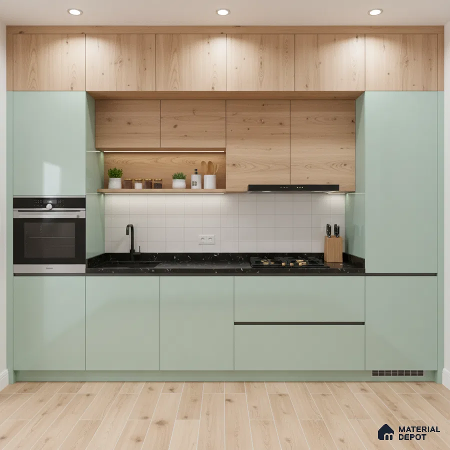 Scandinavian kitchen with pastel green laminate, natural oak laminate, and black quartz countertop in Bengaluru