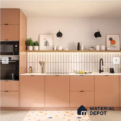 Scandinavian kitchen with pastel peach laminate cabinets, white quartz countertop, and vertical white subway backsplash tiles in Bengaluru | Material Depot